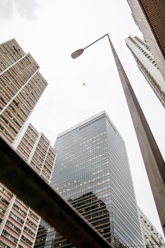 building, tower, urban, airplane, modern, city, architecture, sky, nature, journey, travel