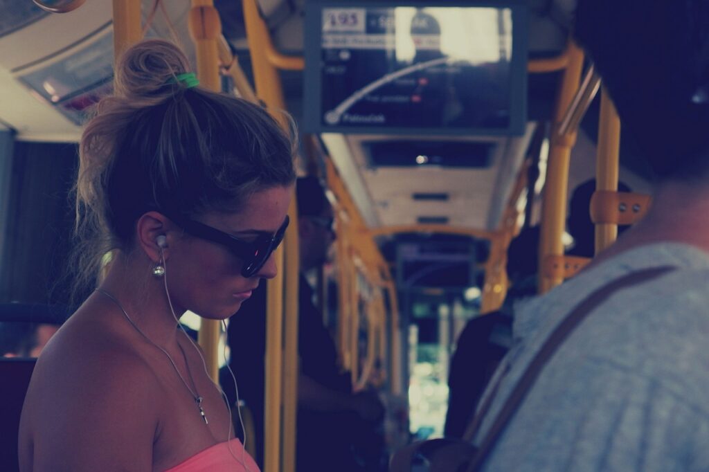 girl, woman, bus, transportation, people, sunglasses, earbuds, bus, earbuds, earbuds, earbuds, earbuds, earbuds