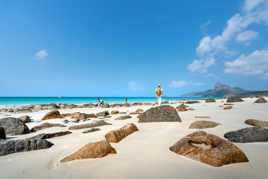 A serene beach with clear blue skies, rocky shore, and a person enjoying the view.