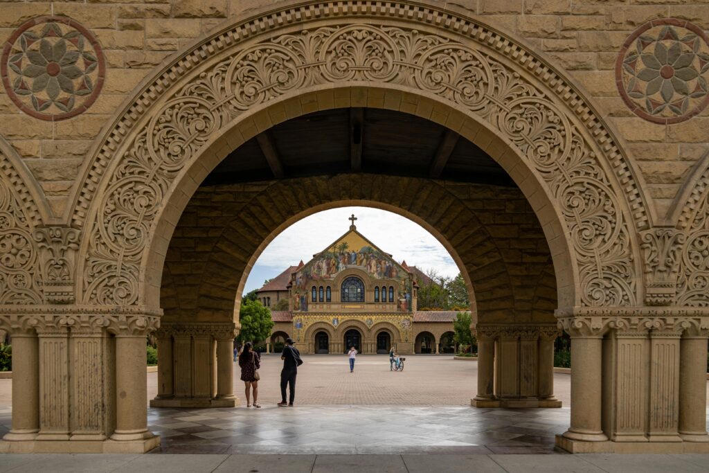 Intricate arches framing Stanford Memorial Church at Stanford University, California.