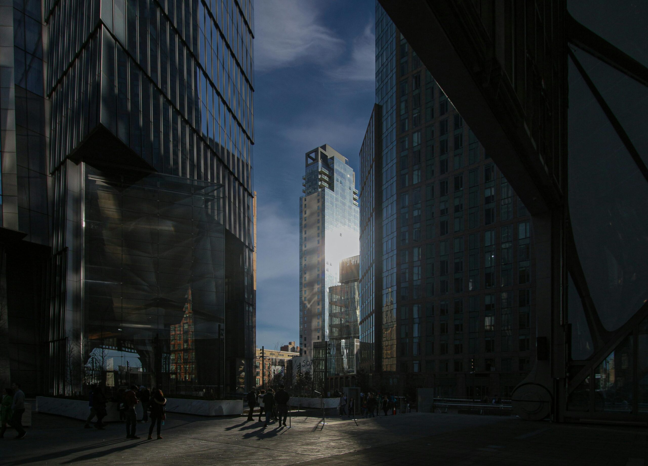 A captivating view of modern skyscrapers and urban life in New York City.