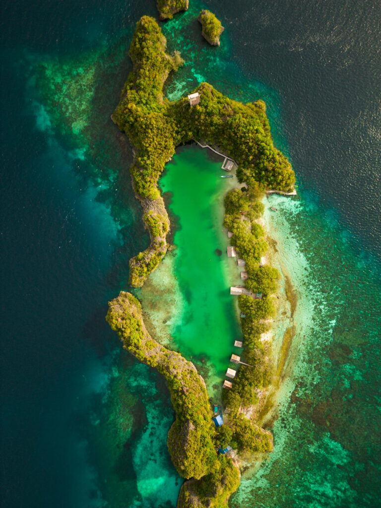 Stunning aerial view of a lush tropical island and lagoon in West Papua, Indonesia.
