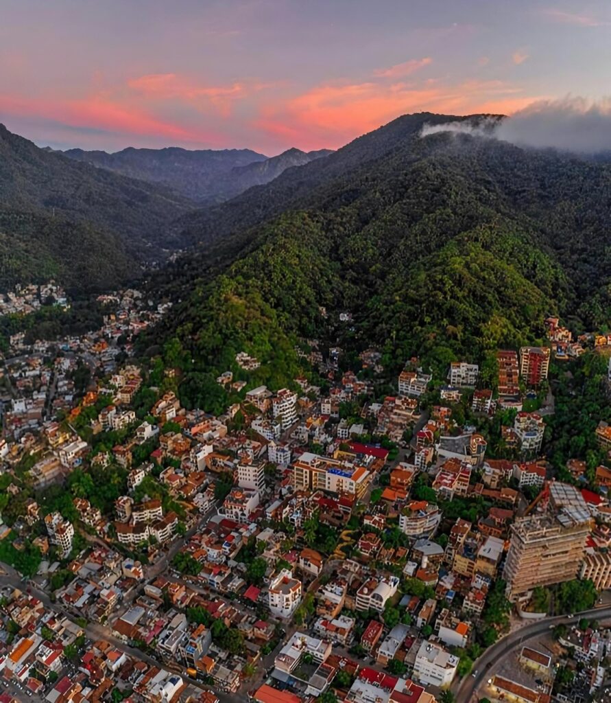 city, mountains, puerto vallarta, sunset, nature, houses, buildings, mountain range, scenery, aerial view, dusk, evening