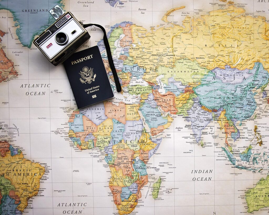 passport, map, world, trip, tourism, vacation, travel, world map, planning, camera
