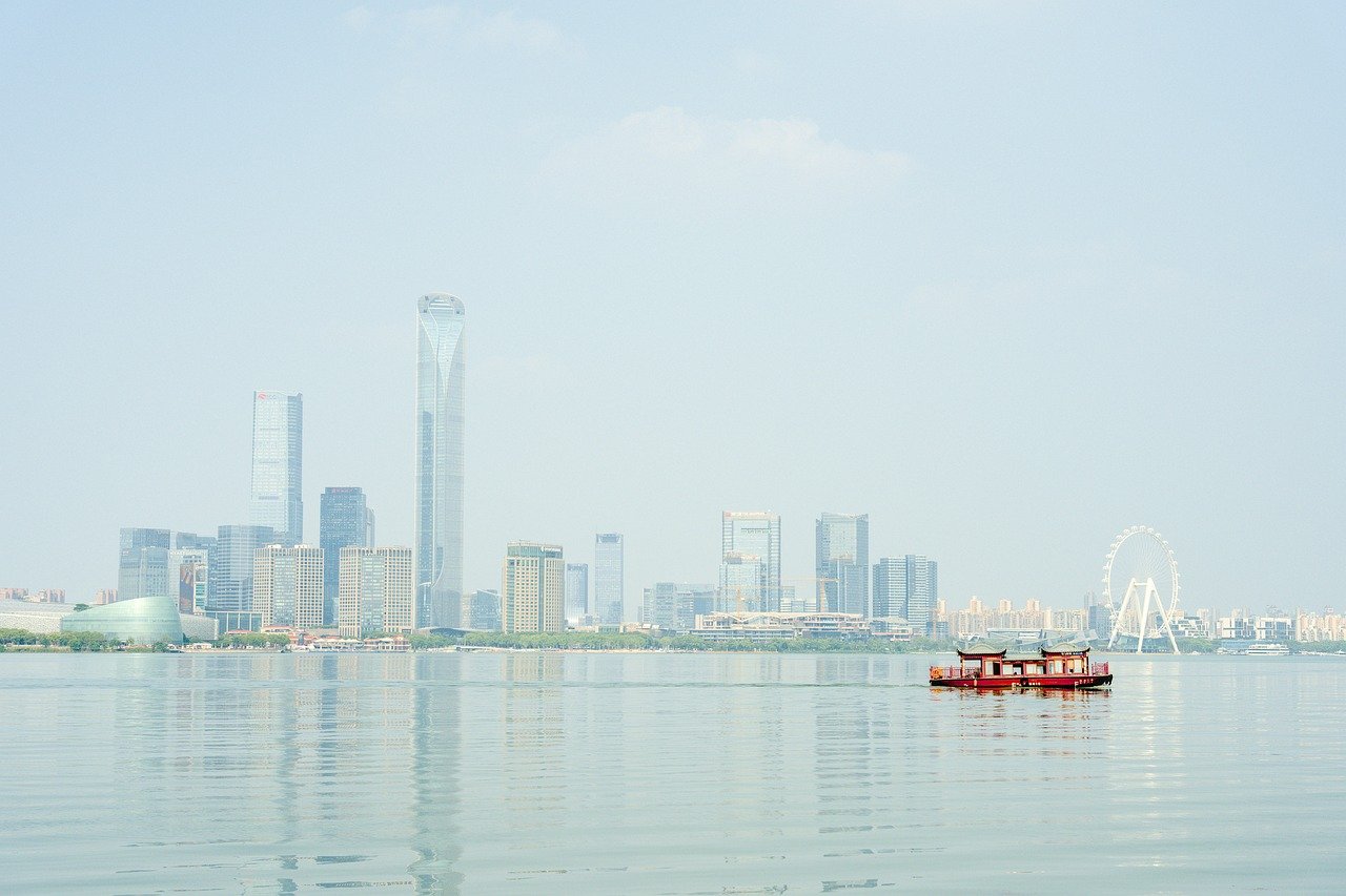 china, asia, suzhou, to travel, city, building, urban, architecture, panorama, facade, skyline, skyscraper, horizon, property, nature, modern, cityscape, vacations, water, flow, sea, tourism, trip, boat, ship, lake