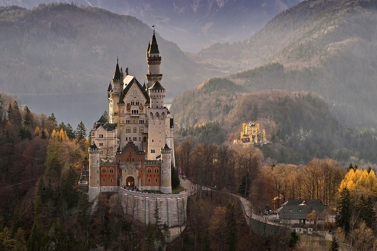 neuschwanstein, castle, germany, landmark, architecture, europe, bavaria, landscape, german, travel, palace, tower, building, famous, medieval, ludwig, brown travel, brown landscape, brown building, brown castle, castle, castle, castle, castle, castle, germany