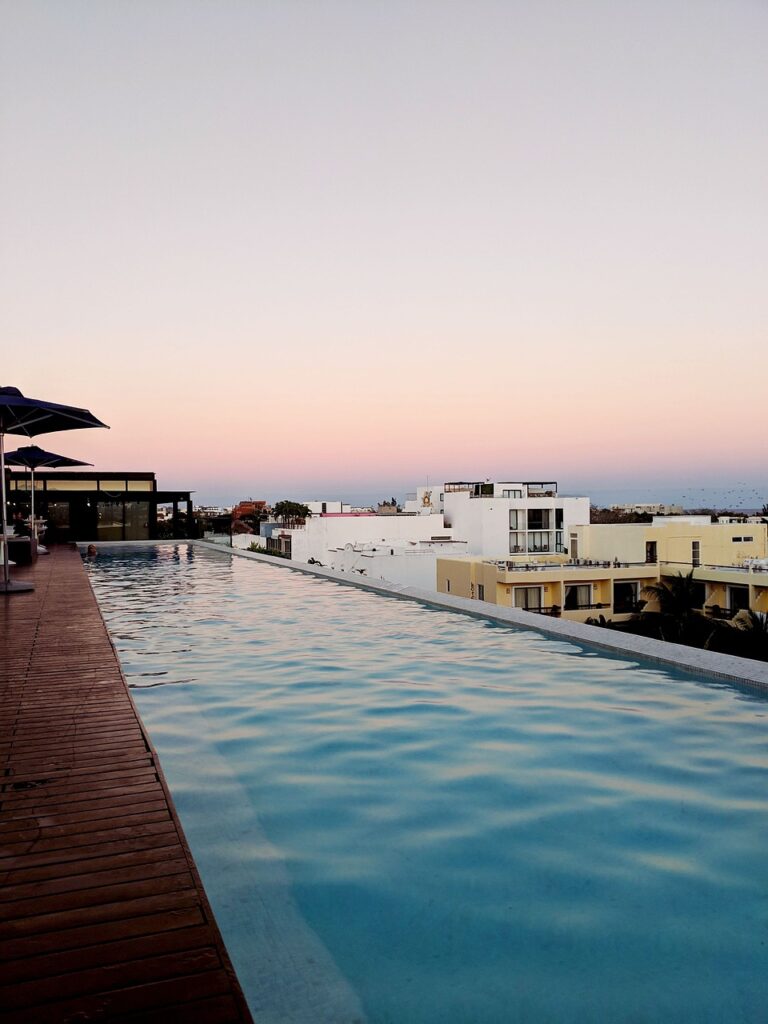 pool, sunset, nature, mexico, playa del carmen, rooftop, blue, tourism