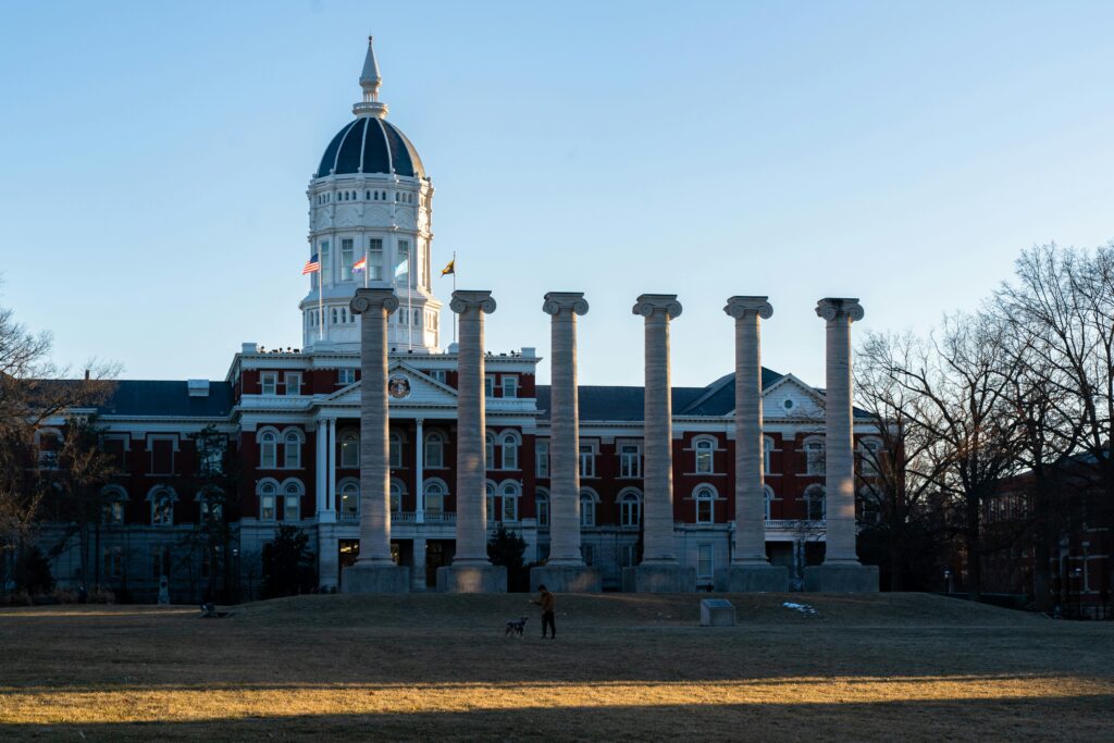 Iconic columns at the University of Missouri, Jesse Hall in Columbia, MO.