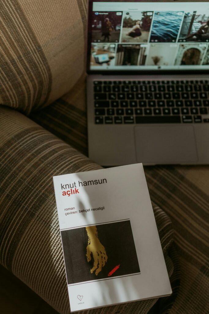 A book rests on a sofa beside a laptop showing images, inviting a cozy reading atmosphere.