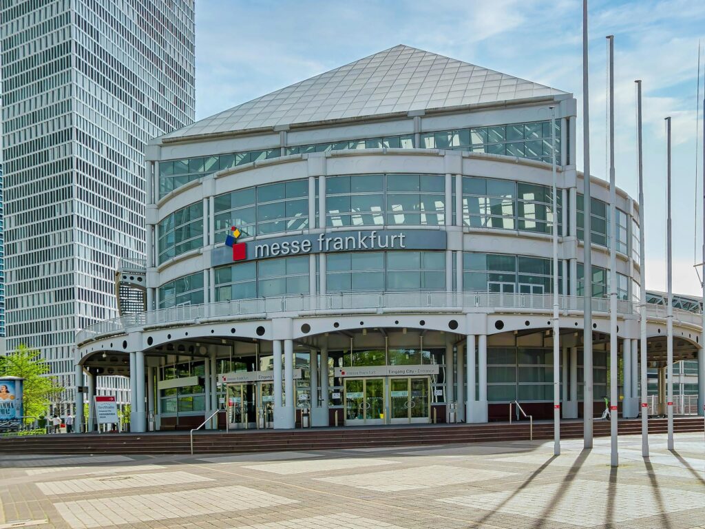 Modern architecture of the Messe Frankfurt trade fair center in Germany, outdoors view.