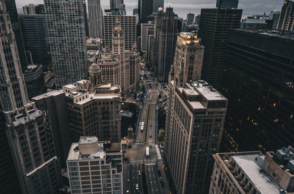 Discover the majestic skyscrapers and urban streets of downtown Chicago in this stunning aerial cityscape.