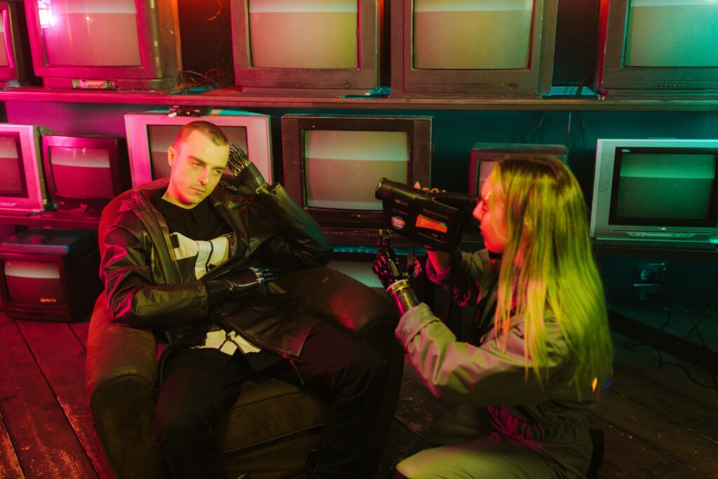 Cyberpunk themed image with neon colors, featuring individuals and retro tech.