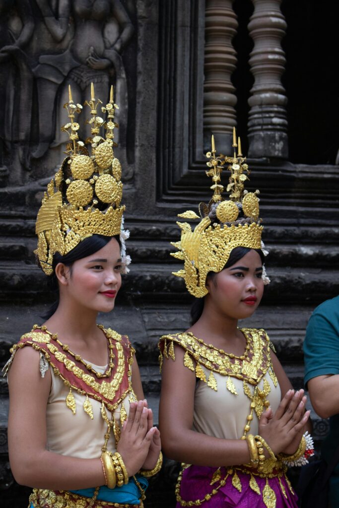 Two Cambodian dancers in traditional costume, showcasing cultural heritage and artistry.