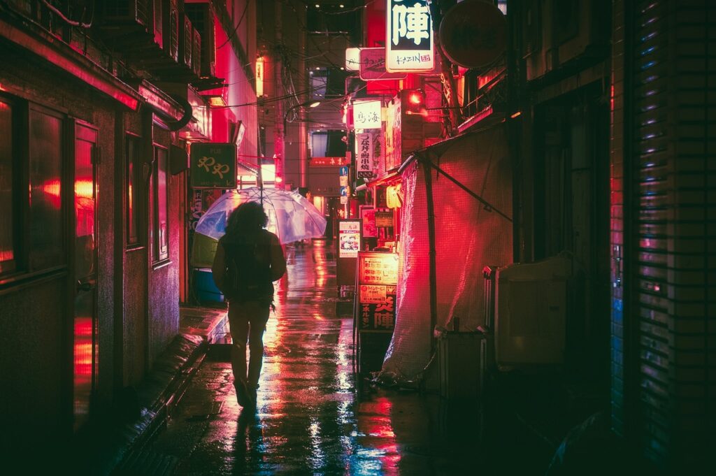 japan, osaka, night, asia, landmark, travel, japanese, architecture, city, building, tourist, outdoor, street food, nature, street markets, neon, glow, advertising, urban, man, guy, people, traveller, adventure, rain, umbrella