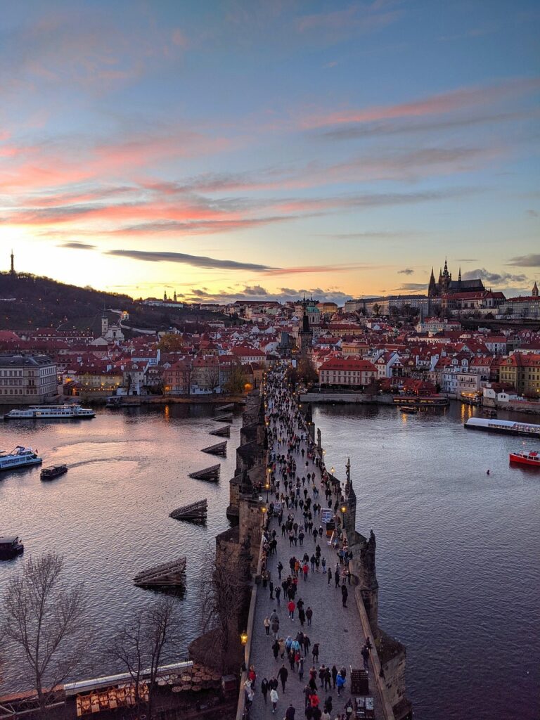 prague, charles bridge, people, bridge, city view, old city, tourists, nature, tourism, sunset, europe, river