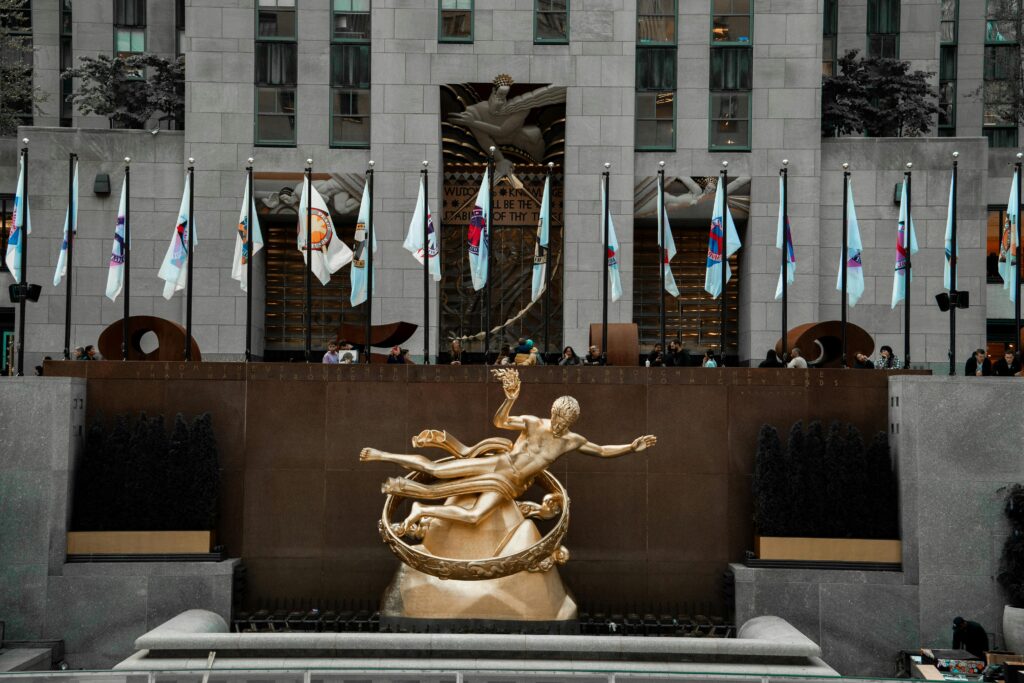 A stunning view of the Prometheus statue, Rockefeller Center, NYC. Iconic and urban.