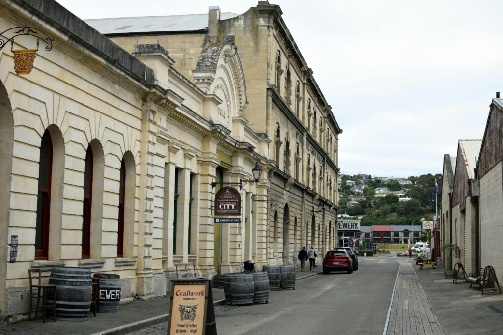 Charming historic buildings line a street in Oamaru, New Zealand, offering a glimpse into the past.