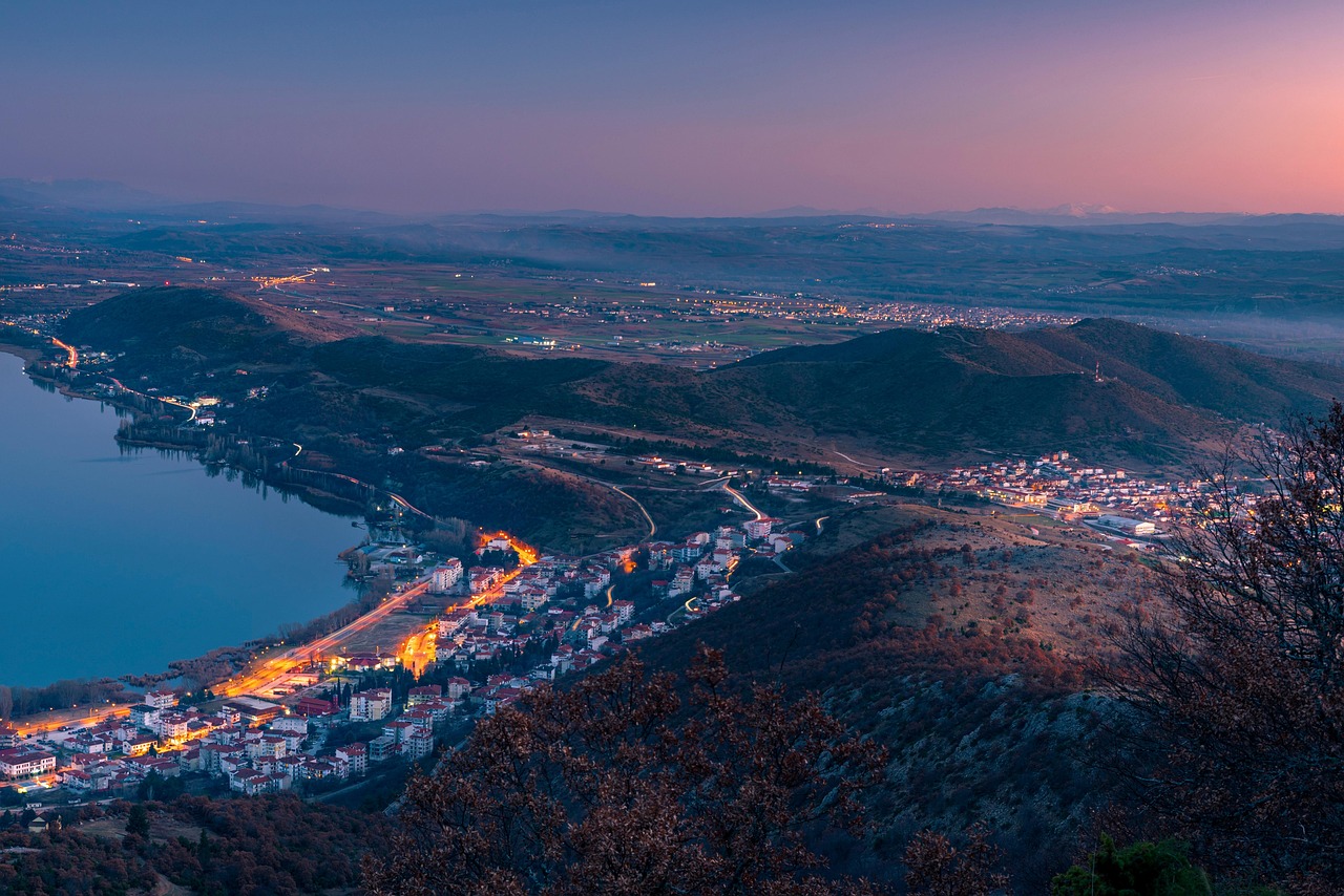 town, lake, travel, rural, nature, night, greece