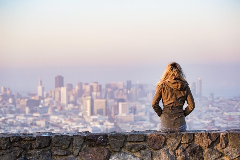 blonde, sitting, wall, buildings, city, cityscape, daylight, girl, san francisco, skyline, skyscrapers, travel, view, viewpoint, woman, wall, wall, city, city, city, city, city, travel, travel, travel