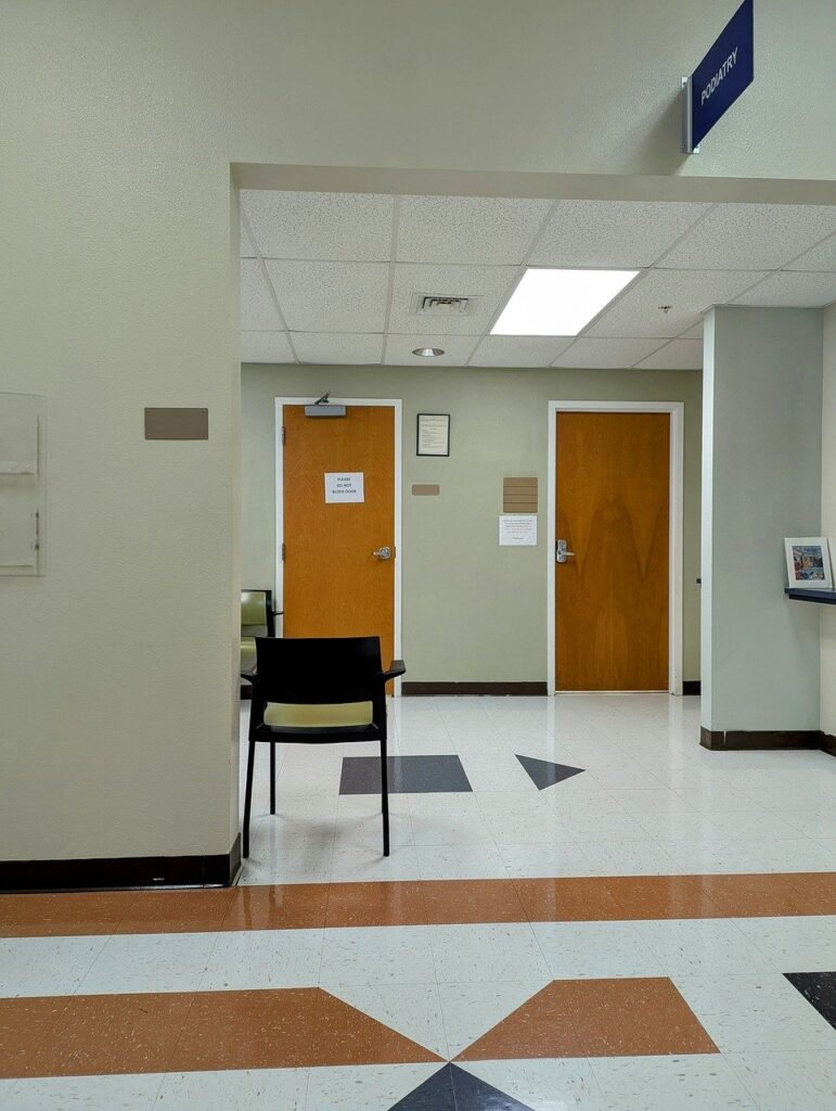 clinic, doctor, hall, signs, chairs, waiting room, sitting area, podiatrist, doorway