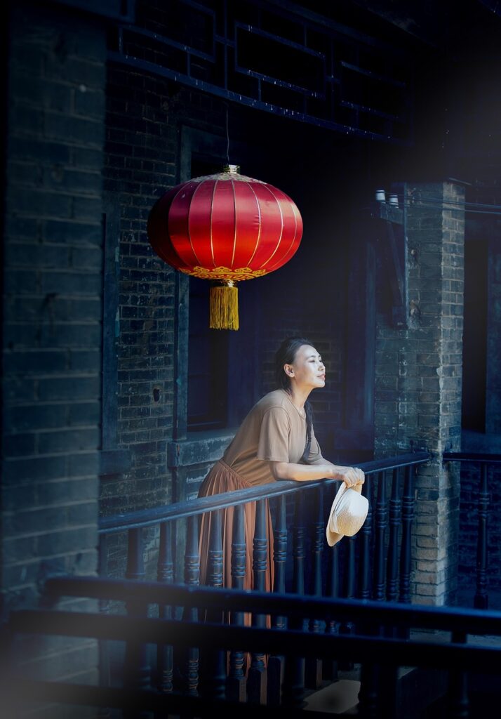 woman, old buildings, chinese element, lantern, balcony