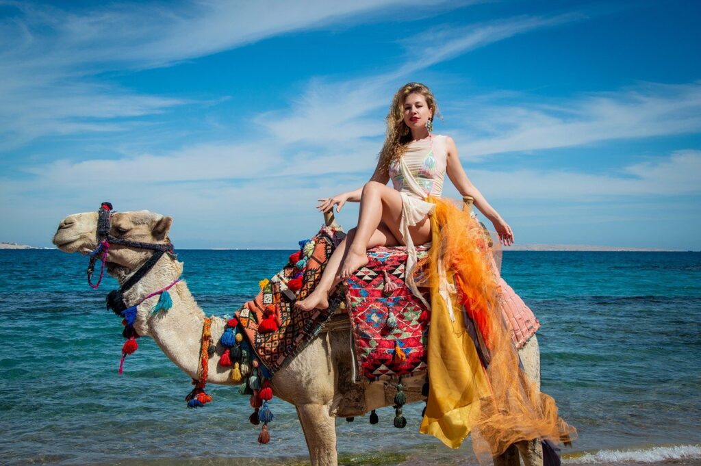 woman, camel, beach, drover, east style, fashion, style, bandage, brightly, ethnic, african style, model, posing, beautiful, resort, egypt, summer, portrait, skirt, bikini, desert, sea, red sea, hurghada