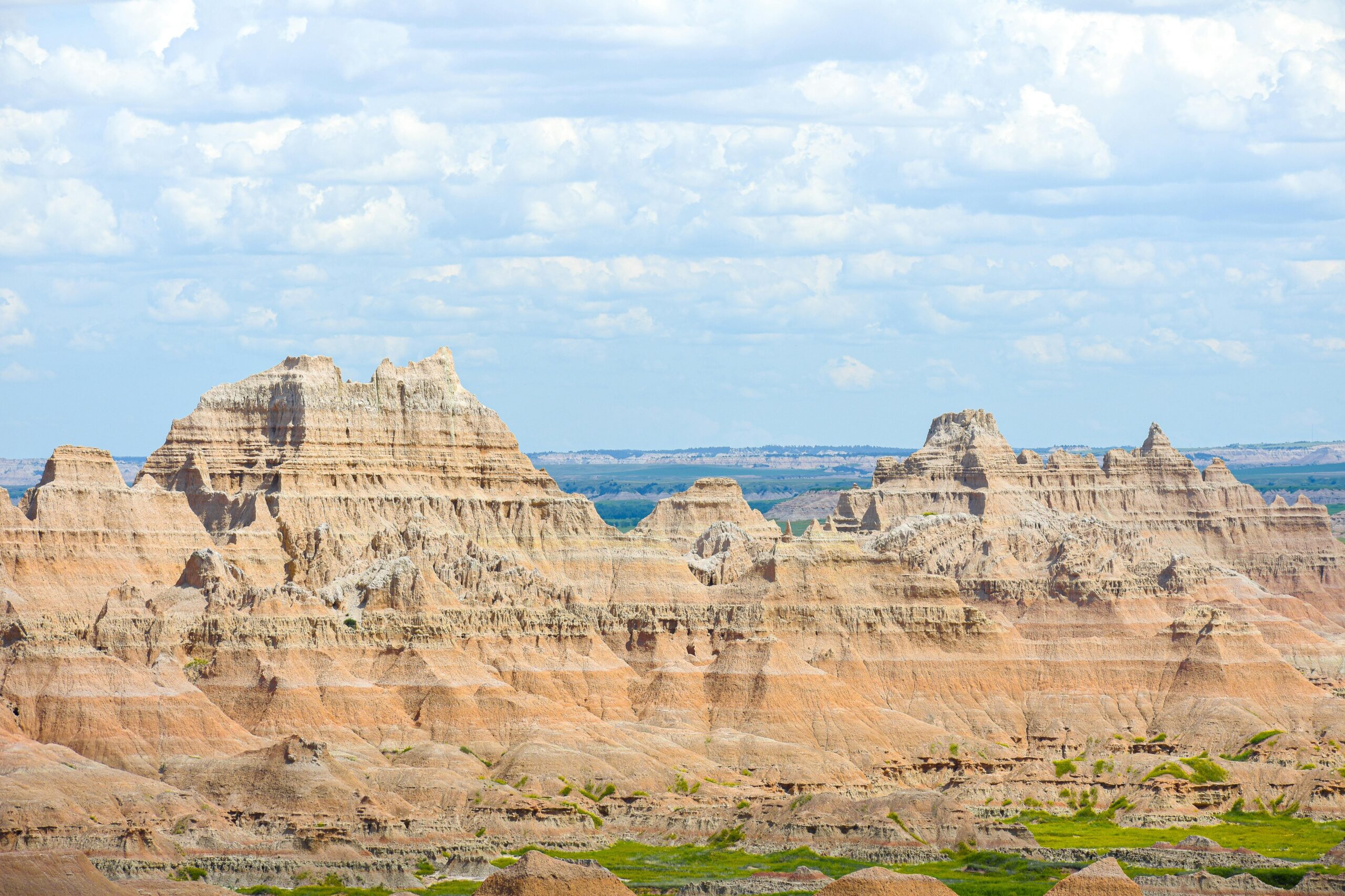 Sweeping view of the stunning layered rock formations in South Dakota's Badlands National Park.
