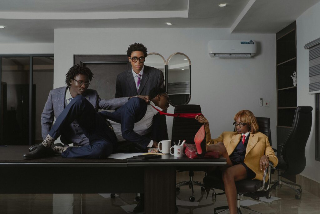 Diverse group of adults in business attire having a creative meeting indoors.