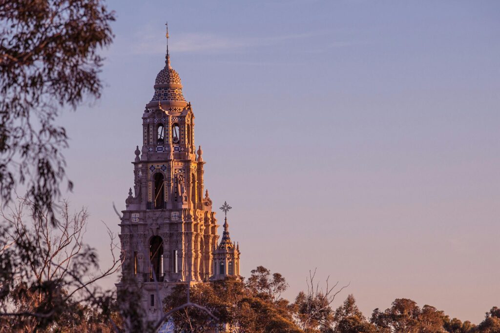 Stunning view of the California Tower at Balboa Park during sunset, highlighting its architectural elegance.