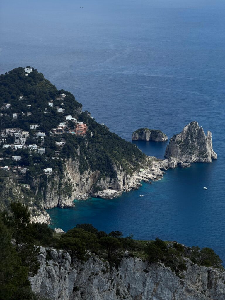 A breathtaking aerial view of the iconic cliffs and coastline of Capri, Italy, showcasing natural beauty.