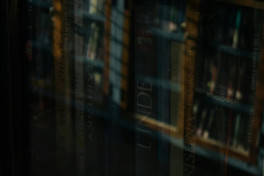 Through glass high angle of stack of books on shelf of literary store