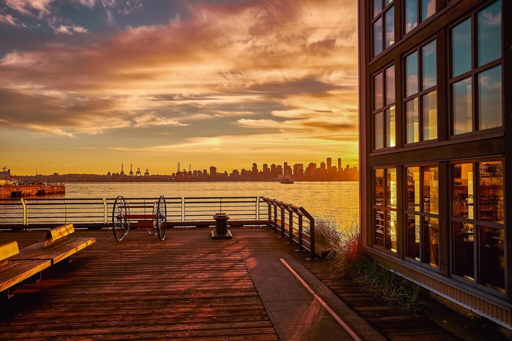 vancouver, pier, nature, sea, sunset, canada, sundown, dusk, twilight