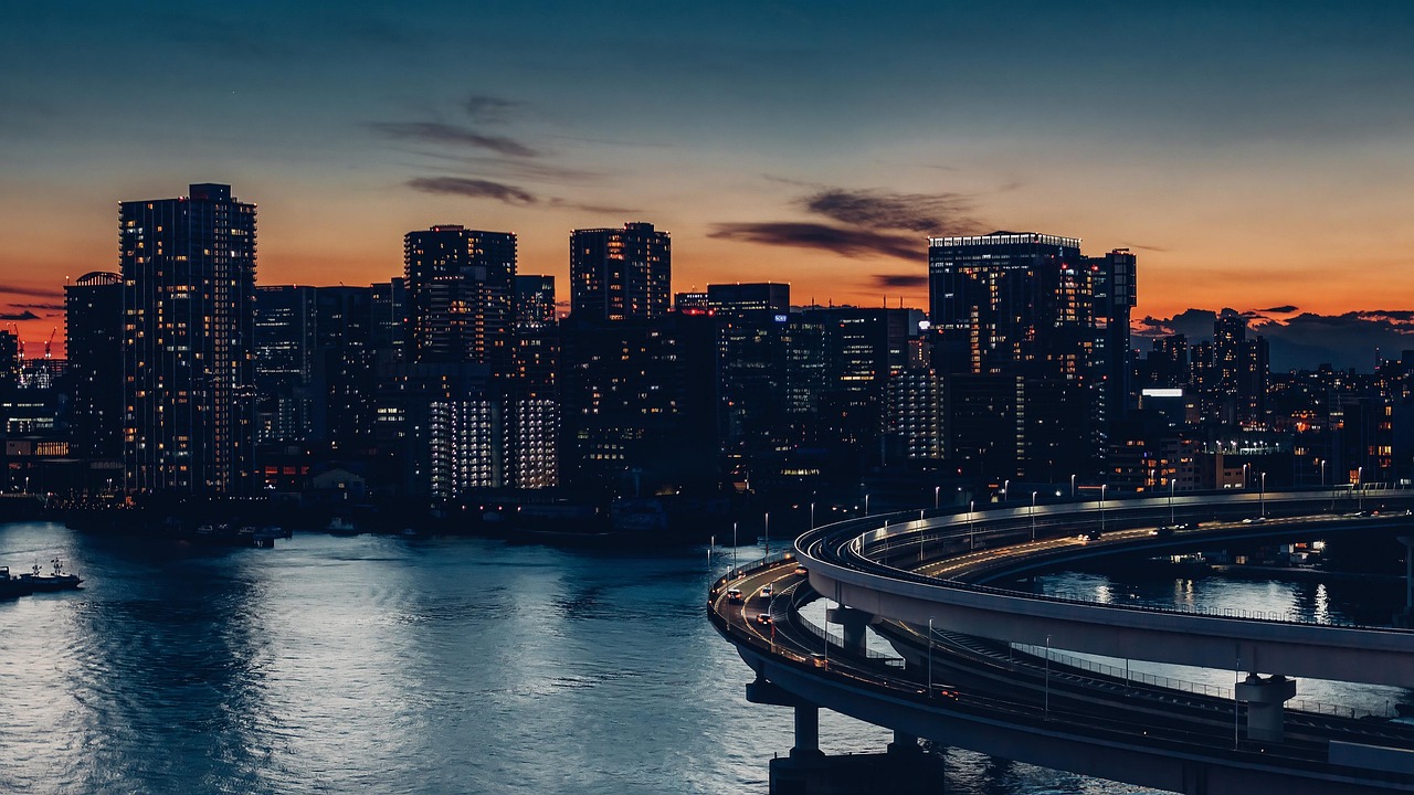 city, bridge, evening, twilight, bay, rainbow bridge, tokyo, landmark, road, highway, skyline, skyscrapers, buildings, lights, night, japan, tokyo, tokyo, tokyo, tokyo, tokyo, japan