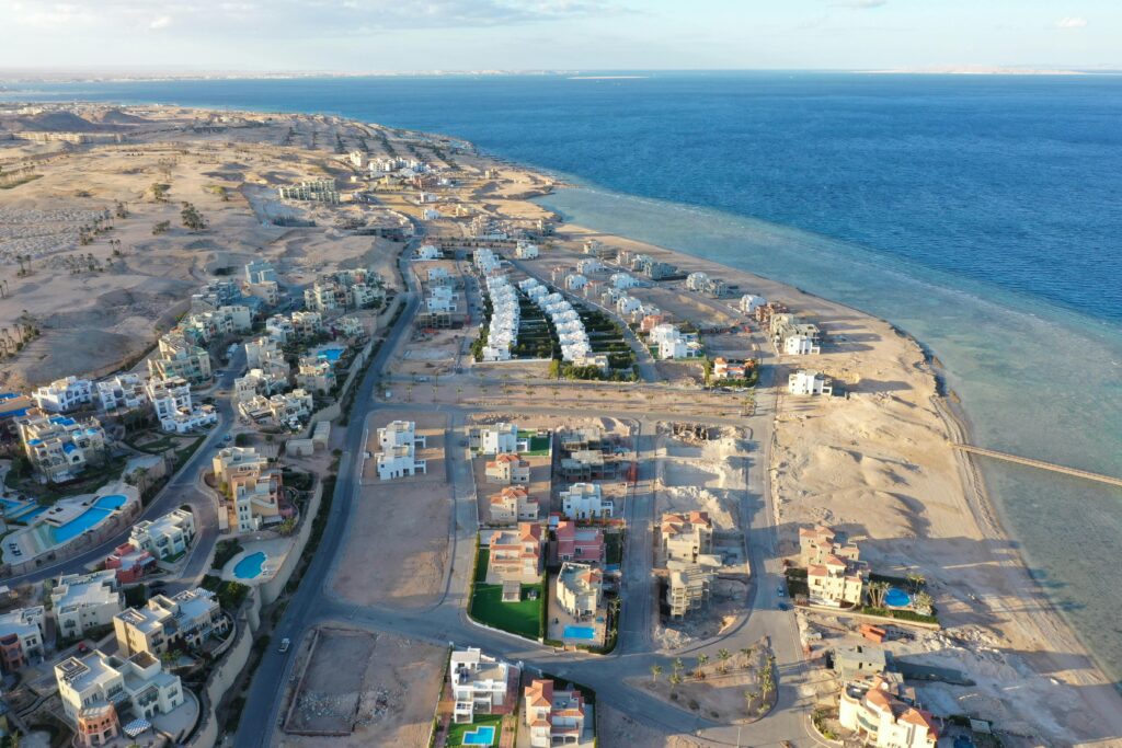 Stunning aerial view of Hurghada's coastal urban area, Red Sea, Egypt.