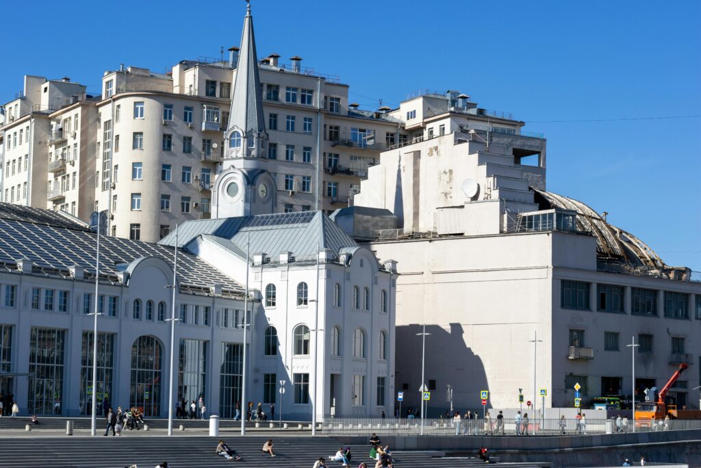 A sunny view of Moscow's tram power station with surrounding architecture.