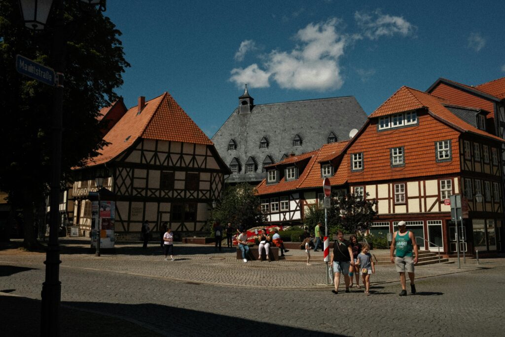 A picturesque view of half-timbered houses in Wernigerode, Germany on a sunny day.