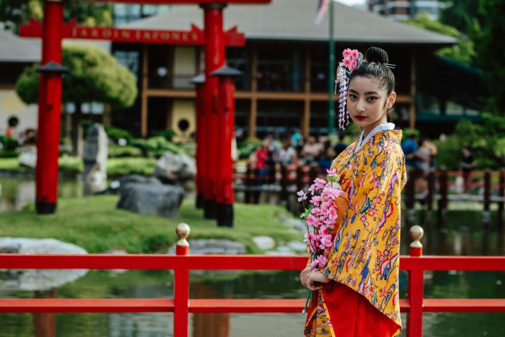 Elegant portrait of a woman in traditional attire at the Japanese Garden, Buenos Aires.