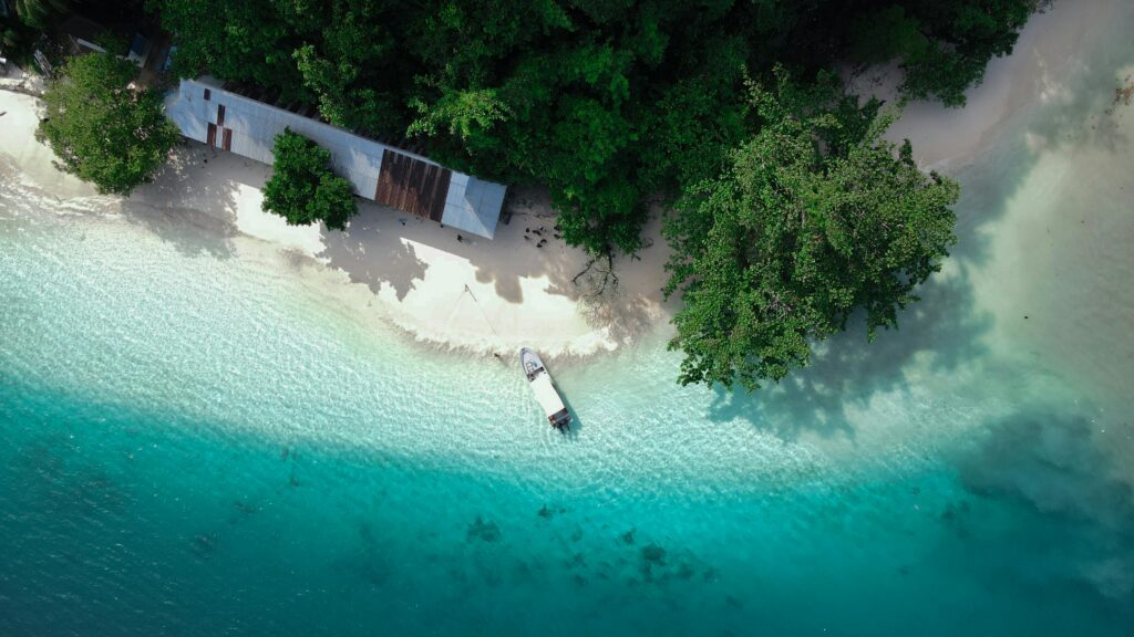 Stunning aerial shot of a tropical beach in Southwest Papua, Indonesia, with clear turquoise waters and lush greenery.