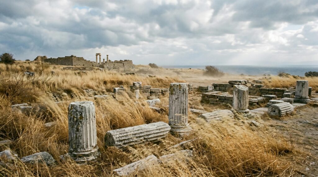 Explore the ancient ruins of Troya, with majestic columns and a dramatic cloudy sky.