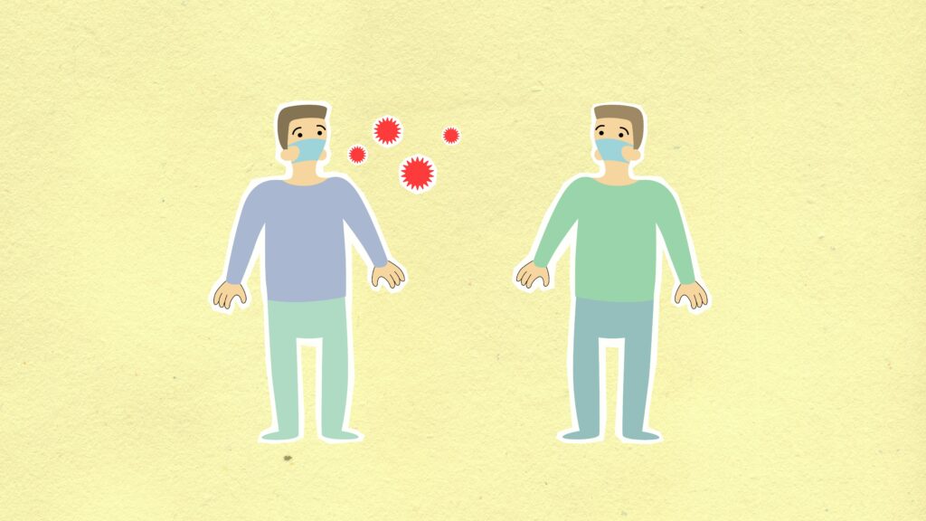 Paper cutout of men in protective masks surrounded with contagious viruses keeping social distancing on yellow background during coronavirus epidemic