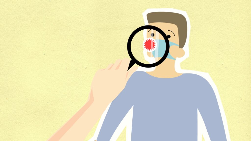 Decorative cardboard appliques of hand with magnifying glass above virus on mask of man during COVID 19 pandemic on yellow background