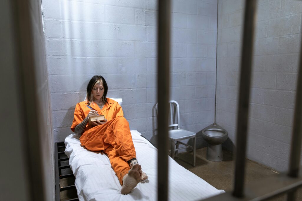 A woman in an orange jumpsuit sits on a bed writing in a notebook inside a prison cell.