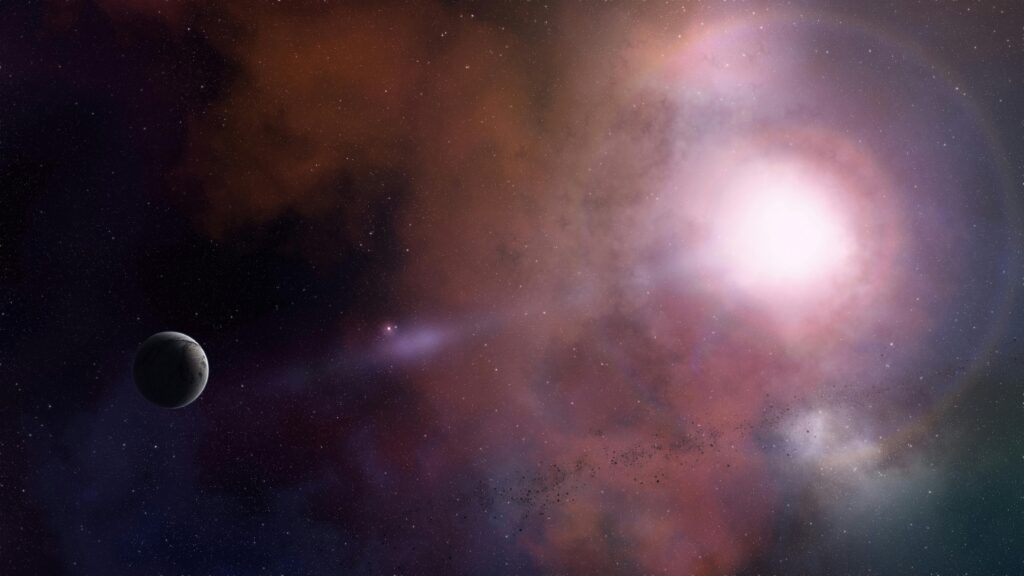 A mesmerizing view of the cosmos featuring a glowing nebula and distant planet.
