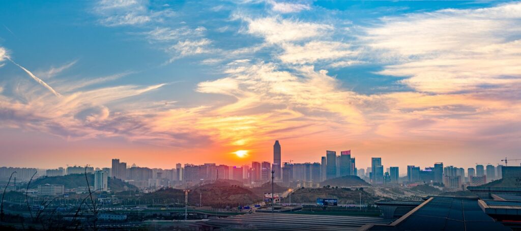 city, sunset, travel, tourism, buildings, architecture, clouds, sky, skyline, skyscraper, guiyang, guizhou