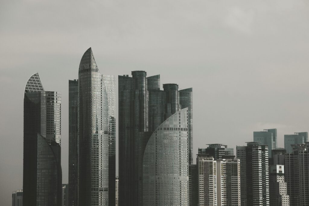 View of modern skyscrapers in Busan's skyline showcasing contemporary architecture.
