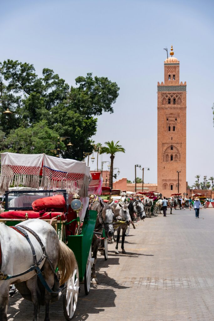 Historic Kutubiyya Mosque with horse-drawn carriages on a sunny day in Marrakesh.