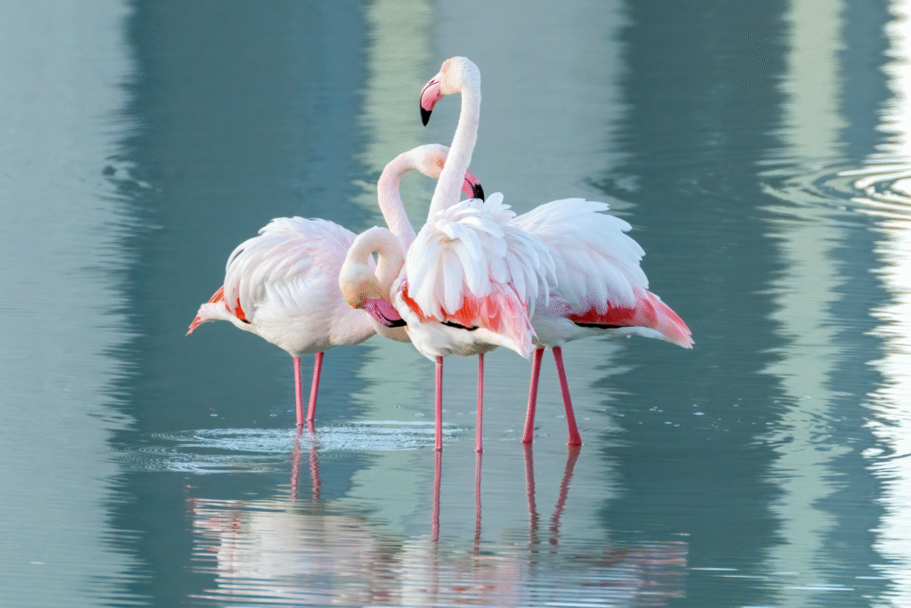 Elegant pink flamingos wading in tranquil waters, capturing serene beauty.