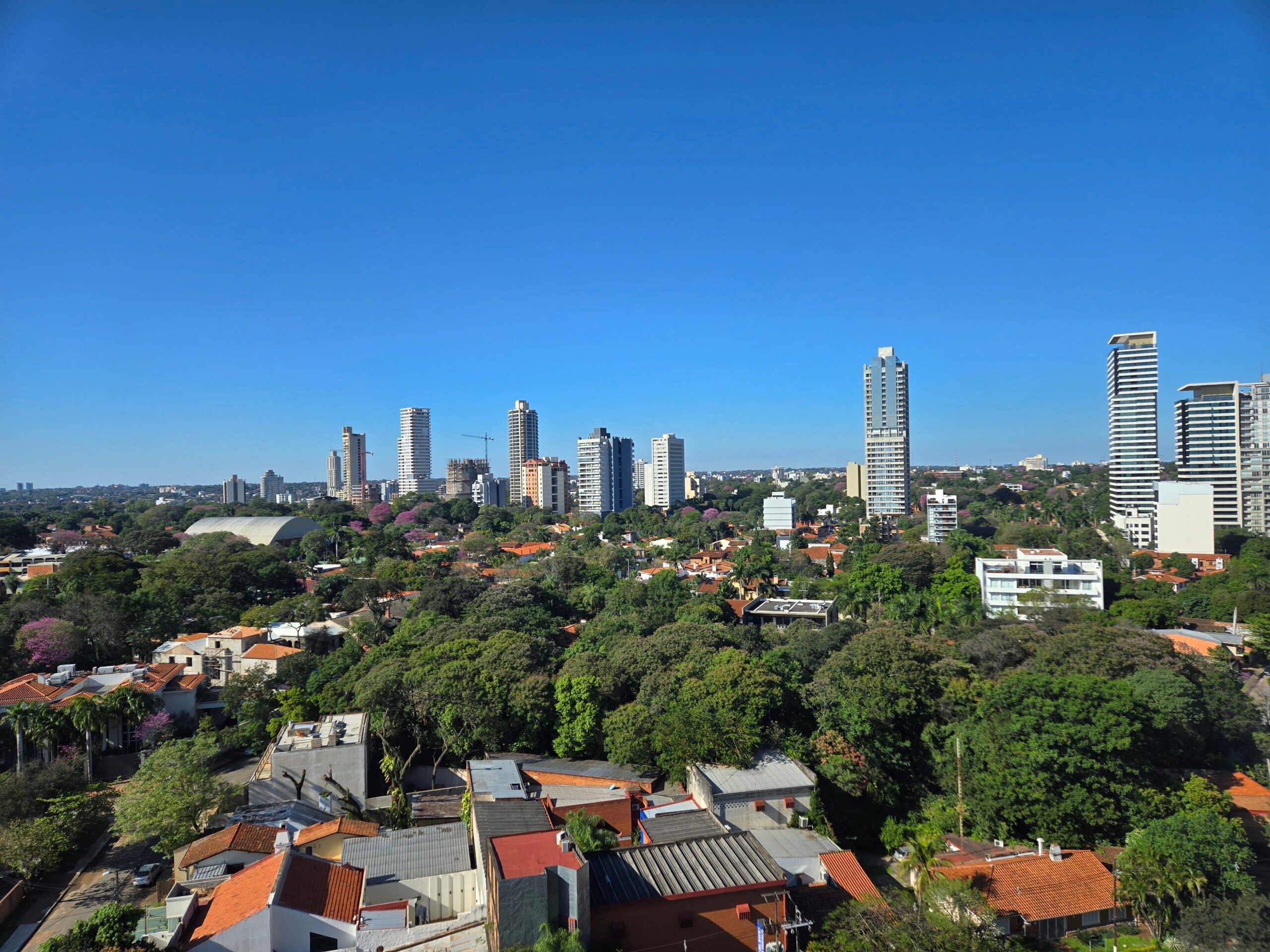 A serene cityscape showcasing a vibrant mix of tall buildings and abundant green spaces under a clear blue sky.