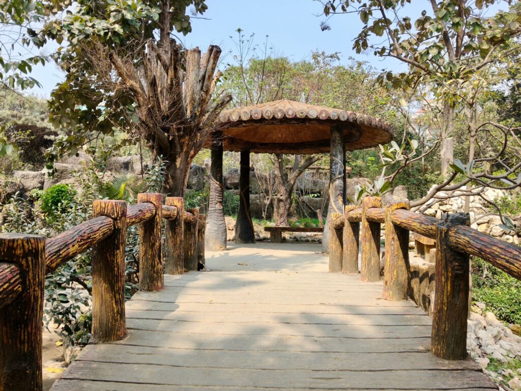Peaceful wooden pathway leading to a rustic gazebo in a lush, sunny garden.