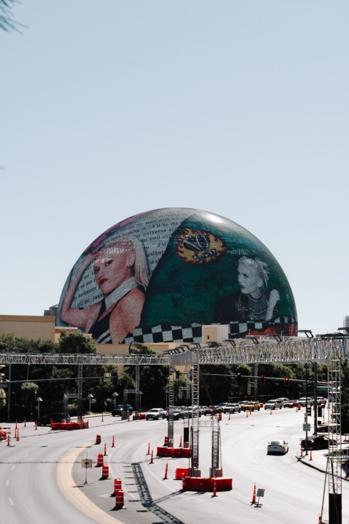 Stunning Las Vegas sphere adorned with vibrant murals, capturing the city's lively essence.